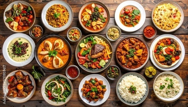 Fototapeta Cuisine dishes different cultures arranged overhead perspective view, food backgrounds table filled large variety international