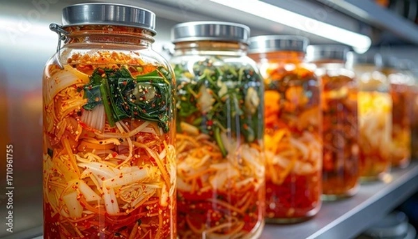 Fototapeta Cultured vegetables temperature controlled environment, traditional fermentation vessels containing kimchi sauerkraut other