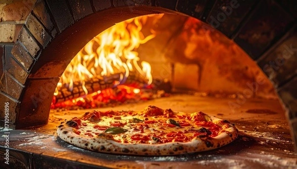 Fototapeta Optimal temperature authentic Neapolitan style pizza preparation, traditional woodfired pizza oven reaching