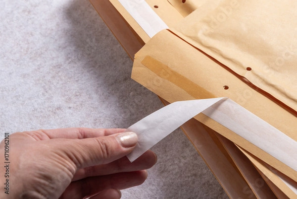 Obraz Female Hand Peeling Adhesive Tape on Bubble Mailer Plastic Padded Envelope, Close-Up