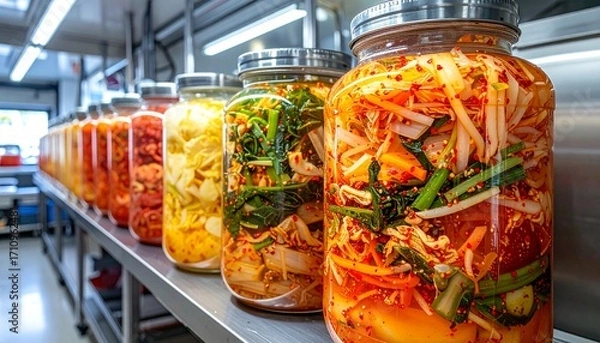 Fototapeta Traditional fermentation vessels containing kimchi sauerkraut other cultured vegetables temperature controlled environment