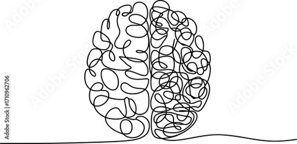 Fototapeta This image features a continuous line art drawing of a human brain viewed from the front, with both hemispheres intricately rendered by a single, unbroken line. 