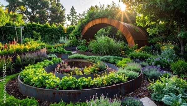 Fototapeta Space while creating microclimate zones diverse herbs, culinary herb spiral garden design maximizing growing