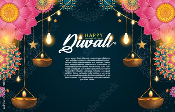 Fototapeta elegant happy diwali background with lights and mandala decoration