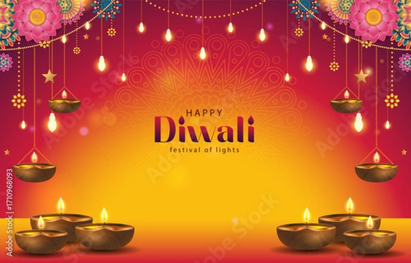 Fototapeta beautiful happy diwali background with lights and mandala decoration