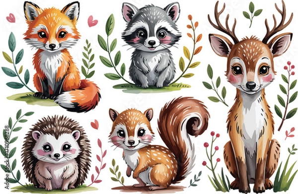 Fototapeta This image features a charming collection of cute woodland animals, including a fox, raccoon, deer, hedgehog, and squirrel, rendered in a sweet, watercolor-like style. 
