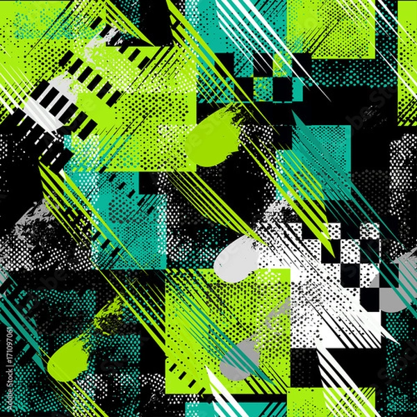 Fototapeta Abstract seamless pattern for girls, boys, clothes. Creative vector background with dots, geometric figures,stripes inscriptions.Funny wallpaper for textile and fabric. Fashion style. Colorful bright.