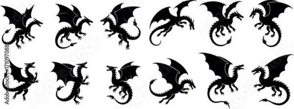 Fototapeta This image displays a series of black silhouettes of dragons in various dynamic poses, some with wings spread and others in more compact forms.