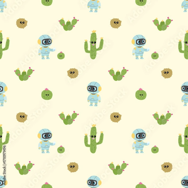 Fototapeta Cute seamless vector pattern with smiling robots watering friendly cacti in the desert. Playful cartoon design perfect for kids’ textiles and decor.
