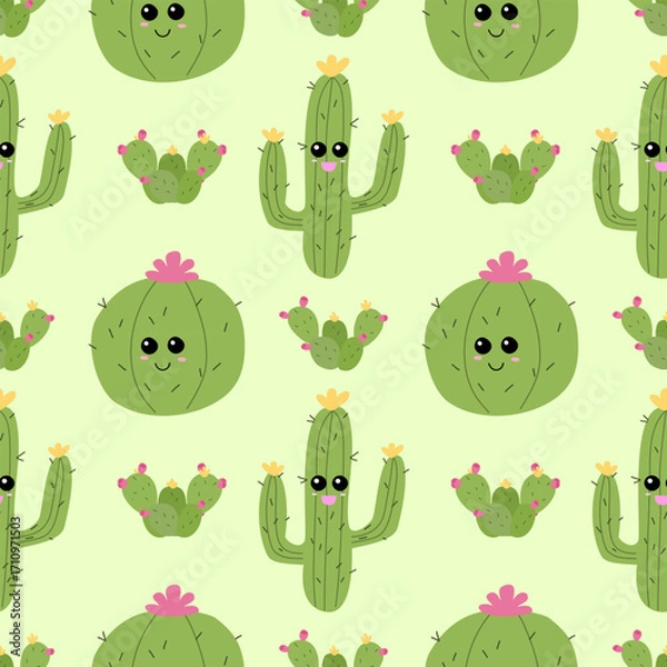 Fototapeta Cute seamless pattern with smiling cartoon cacti. Green desert plants with happy faces and flowers. Playful vector design for kids, fabric, or wallpaper.