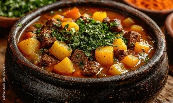 Obraz Hearty stew in a rustic pot