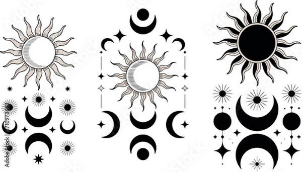 Fototapeta This image presents a collection of celestial design elements, including stylized suns and crescent moons, often seen in mystical or astrological contexts. 