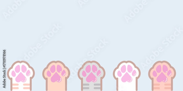 Fototapeta Cat paw different colors tabby vector background. Kitten footprint logo, icon, banner in pastel colors. Kawaii cute doodle vector illustration isolated on blue background.
