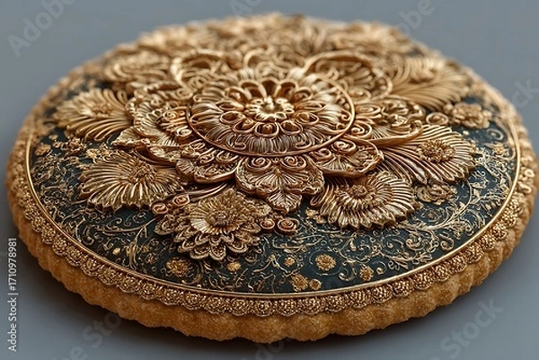 Fototapeta Ornate golden biscuit with intricate mandala design high resolution picture