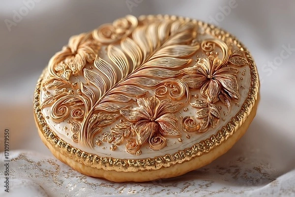 Fototapeta Ornate round biscuit with golden embossed flowers and leaves high resolution picture