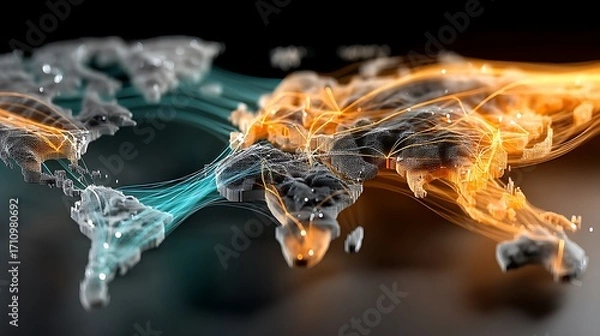 Fototapeta Radiant golden digital world map with glowing nodes high resolution wallpaper
