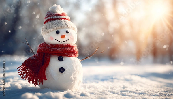 Fototapeta Happy smiling snowman with red scarf and hat against sunny snowy landscape background. Christmas wallpaper with copy space.