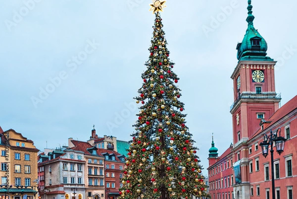 Fototapeta Large Christmas tree on the city square of the old town against the backdrop of colorful houses, magical holiday atmosphere, copyspace
