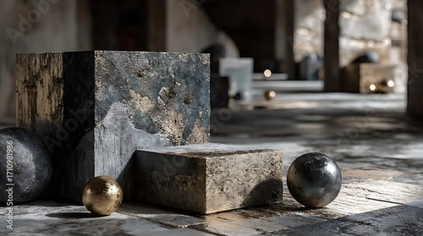 Fototapeta Rustic metal cubes and balls futuristic concept style high resolution picture