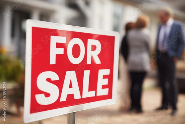 Fototapeta Real estate agent talking to clients selling new modern house or property. For sale red sign.
