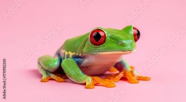 Fototapeta Red-eyed tree frog on a pink background, studio shot