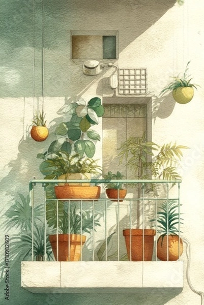 Fototapeta Watercolor illustration of a balcony adorned with various potted plants, showcasing vibrant greenery and a serene atmosphere, perfect for nature lovers and home decor enthusiasts