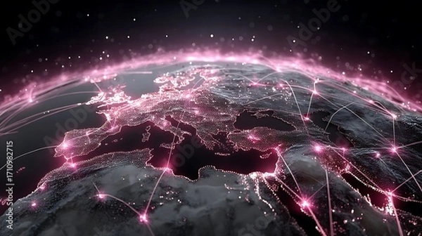 Fototapeta Satellite view of earth connected with digital network lines high resolution image