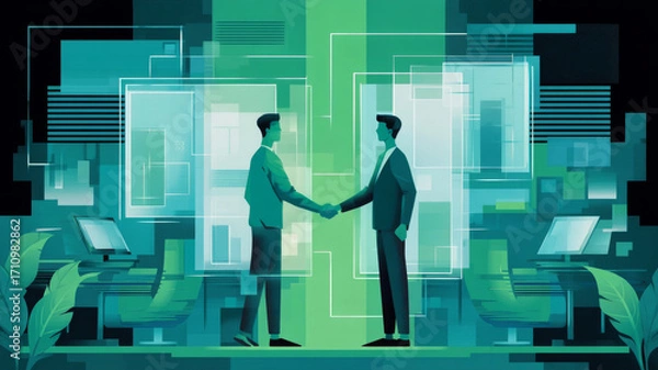 Fototapeta Two businessmen in suits shaking hands in a modern office environment, surrounded by digital screens and abstract geometric shapes, symbolizing partnership and collaboration
