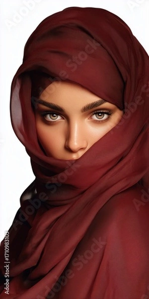 Fototapeta A hyper-realistic portrait of a beautiful Muslim woman in a dark red hijab, with a soft, artistic style