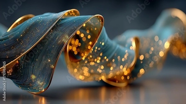 Fototapeta Shimmering golden ribbon wave in teal style high resolution background