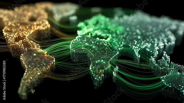 Fototapeta Shining neon digital world map in futuristic style high resolution wallpaper