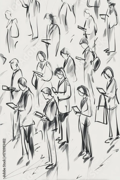 Fototapeta Abstract illustration of diverse individuals engaged with digital devices, showcasing modern technology use in a busy urban environment with dynamic movement and interaction