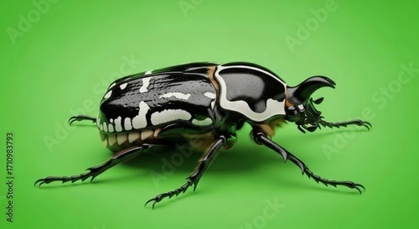 Fototapeta A beetle with black and white markings on a green background.
