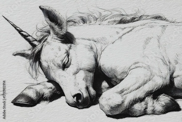 Fototapeta Sleeping unicorn drawing fantasy themed sketch high resolution photo