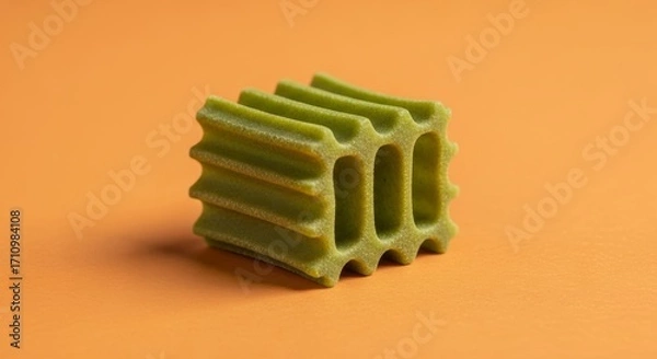 Fototapeta Close-up of a green sponge-like block with an orange background.