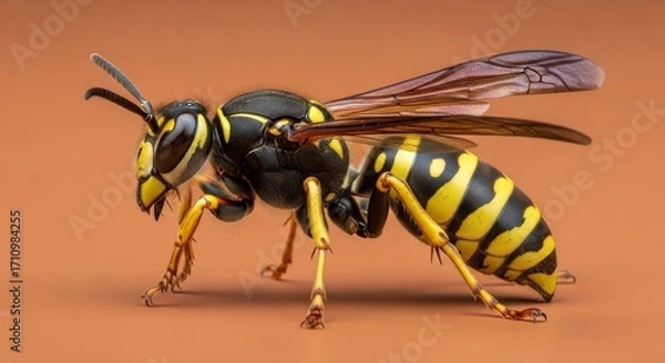 Fototapeta Detailed closeup of a wasp on a brown surface