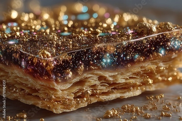 Fototapeta Sparkling gold dust layered biscuit shines with cosmic brilliance high resolution photo