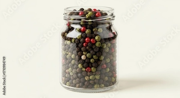 Fototapeta Glass jar filled with multi-colored peppercorns on a plain background
