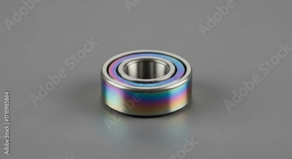 Fototapeta Close-up of an iridescent metal ring on a grey background