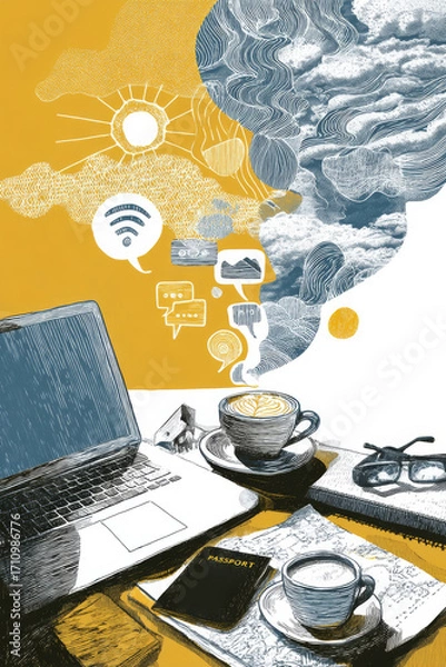 Fototapeta Illustration of a workspace featuring a laptop, coffee cups, notebook, and passport, surrounded by creative elements like clouds and icons, representing travel and inspiration