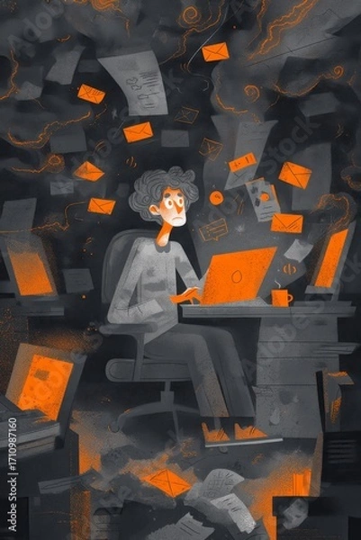 Fototapeta Illustration of a stressed young man working at a cluttered desk, surrounded by papers and emails, depicting the chaos of modern digital communication and multitasking challenges