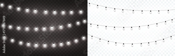 Fototapeta Lights bulbs isolated on transparent background. Glowing fairy Christmas garland strings. Vector New Year party led lamps decorations