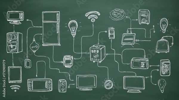 Fototapeta Illustration of various household appliances connected by wires on a chalkboard background, showcasing the concept of smart home technology and interconnected devices