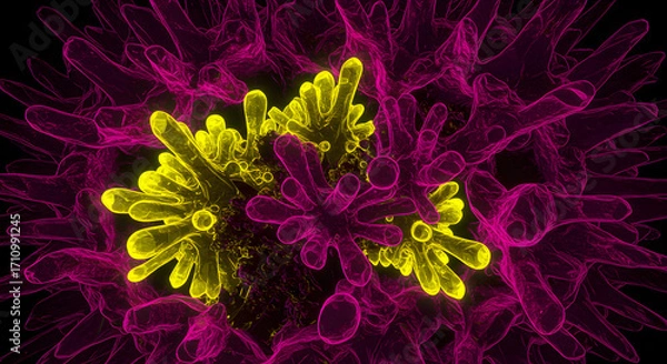 Fototapeta Microscopic View: A close-up of intricate microscopic elements showcasing vibrant colors and detailed structures, creating a captivating visual representation of unseen worlds.