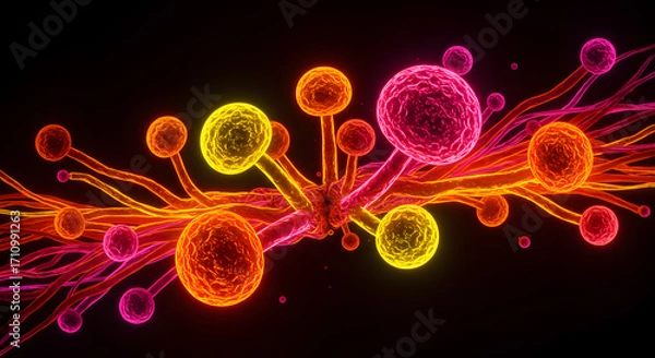 Fototapeta Microscopic Wonders: An abstract digital representation of vibrant, interconnected cellular structures glows against a stark background.
