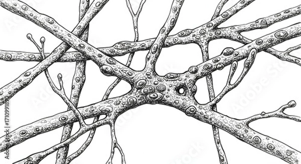 Fototapeta Neural Pathways: A detailed, high-contrast illustration of interconnected neural pathways, rendered in intricate detail, hinting at the complexity of the human brain.