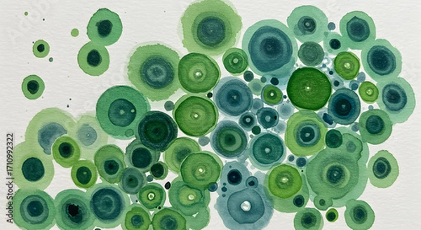 Fototapeta Abstract Watercolor Circles: A captivating watercolor artwork showcasing an array of concentric circles in harmonious green and blue hues. This piece creates a sense of calm.