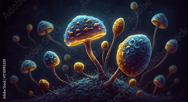 Fototapeta Luminescent Mushrooms in the Dark: A mesmerizing display of glowing mushrooms in a deep, starlit abyss. The vibrant fungi create an otherworldly landscape.