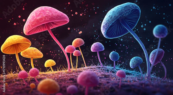 Fototapeta Vivid Mushroom Fantasy: An enchanting visual that brings forth an illustration of vibrantly colored mushrooms in a fantastical landscape, perfect for adding a touch of whimsy and magic to your design