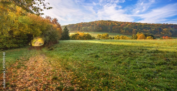 Obraz Landschaft idyllisch morgens im Herbst mit Sonnenlicht